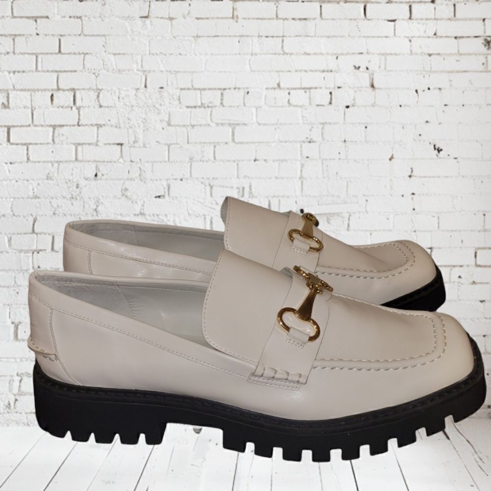 NEW Nordstrom Open Edit White Faux Patent Gold Chunky Academia Loafers 11